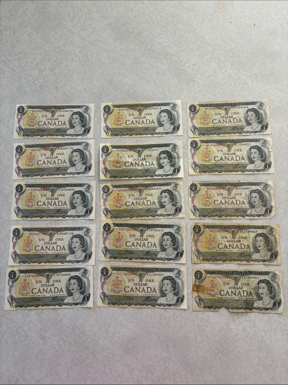 Vintage 1973 Canadian One Dollar Bills Lot of 15 - Queen Elizabeth II
